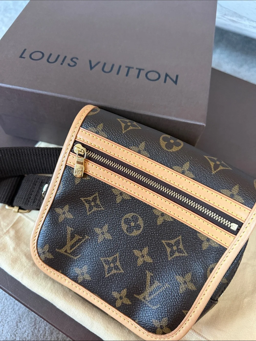 Louis Vuitton Bosphore Monogram Canvas Belt Bag in Brown and Tan